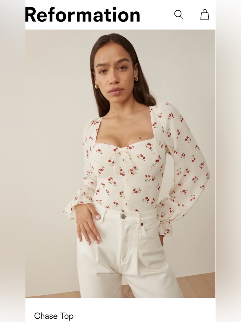 Reformation Chase Top in Ivory with Red Cherry Print - Size 2